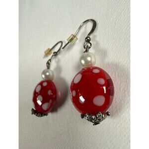Red Polka Dot Dangle Earrings Retro Rockabilly Lampwork Style Silver Hooks Artsy